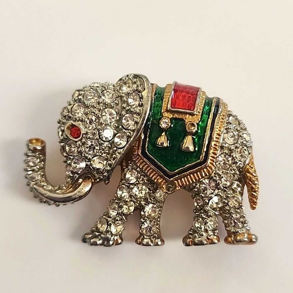 Vintage Elephant Rhinestone Brooch Gold Tone Statement Pin